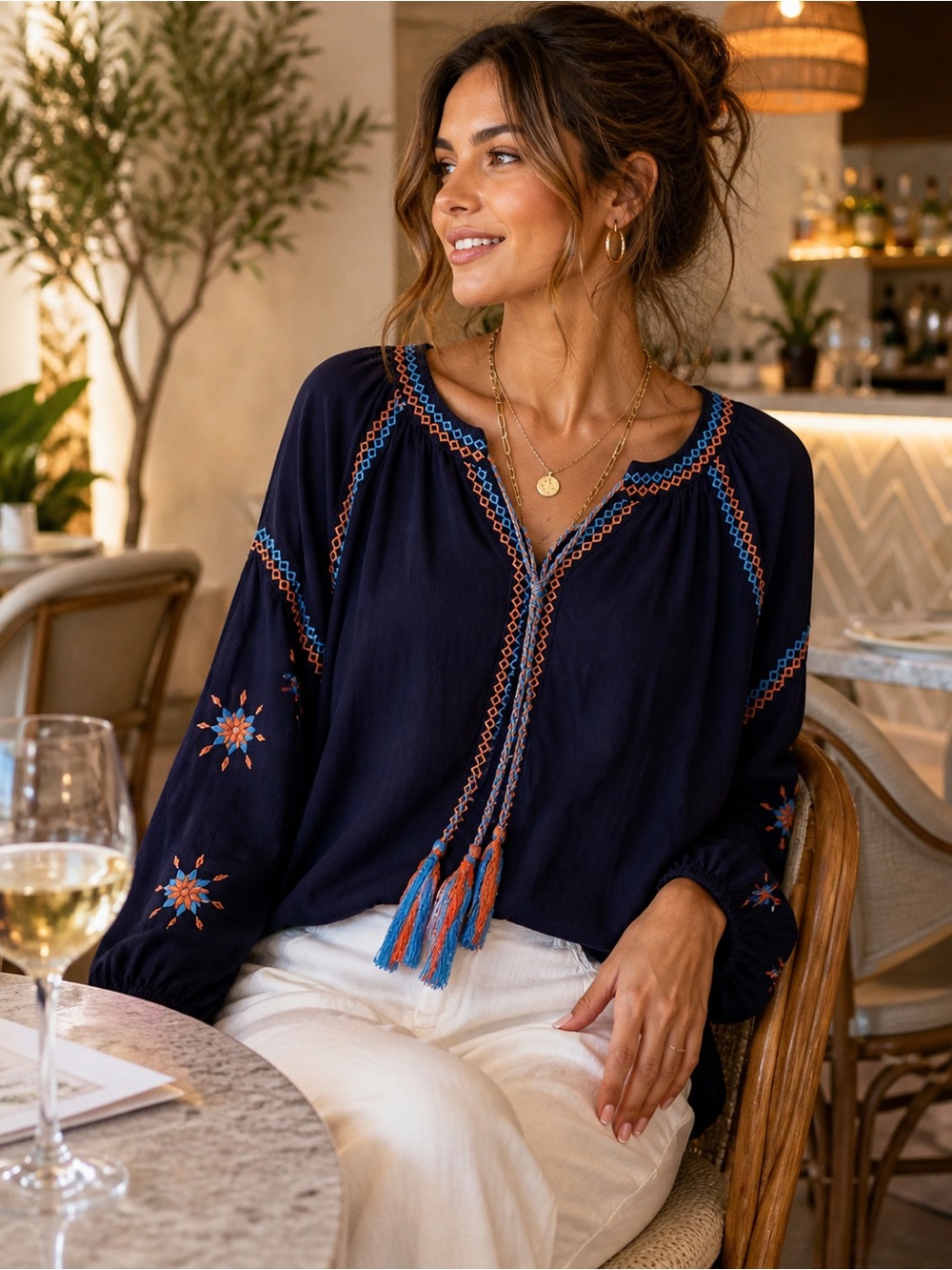 Umgee Boho Embroidered Tassel Blouse Navy‎ Orange Blue Boutique Top Small